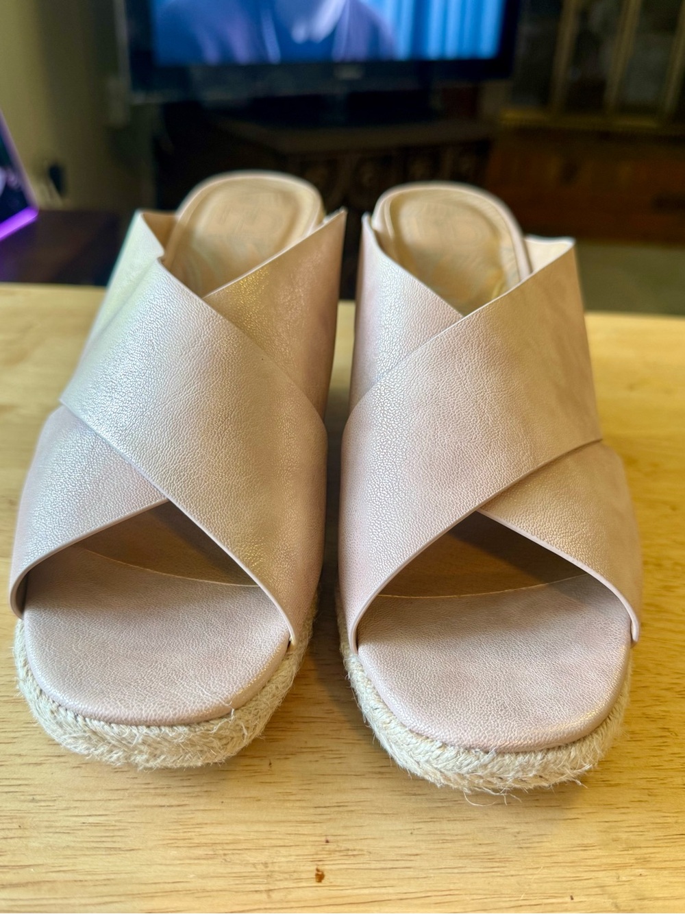 new directions Blush Cross-Band Espadrille Wedge Slides